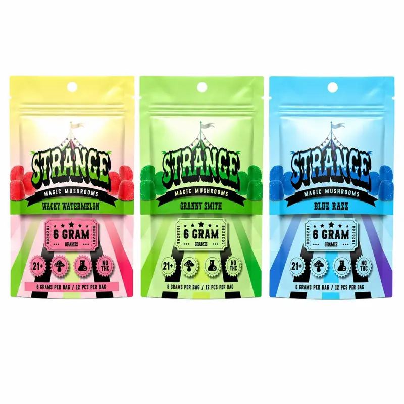 STRANGE, High Potency, ALL 3 FLAVORS, 3 VARIETY PACK, High Potency Plant-Based Mushroom Gummies, Soft Chewy Gummies, 100% Organic Ingredients, High-Quality Formula, Freshness-Sealed Packaging, Made in USA