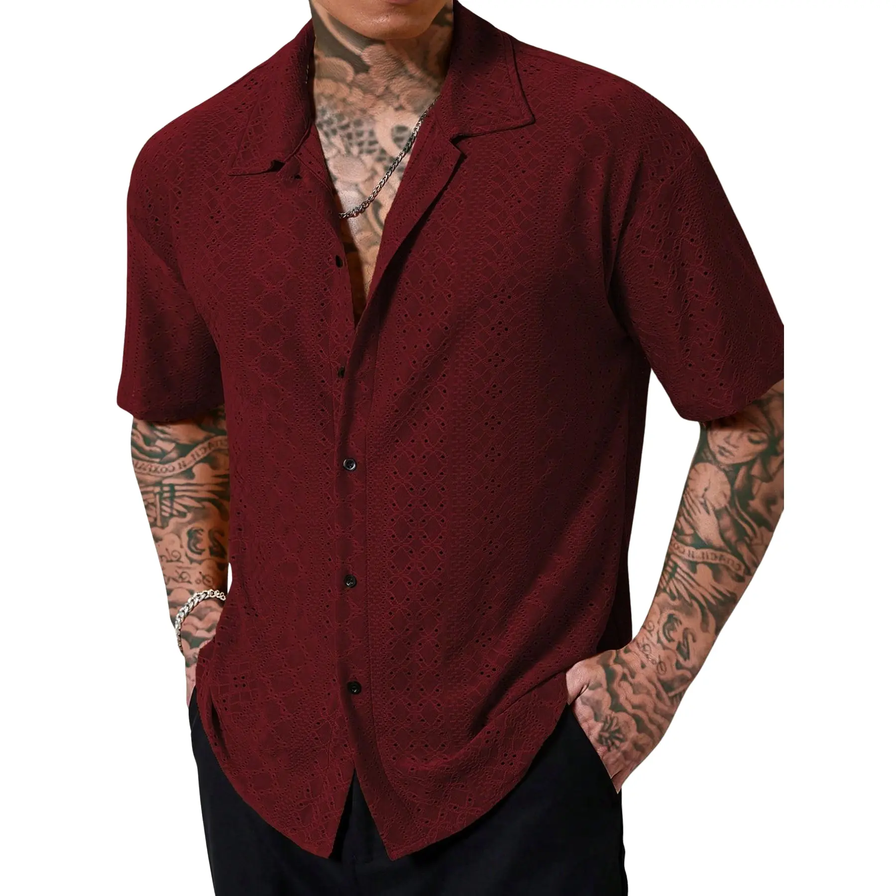 Men’s Hollow Out Jacquard Cuban Collar Shirt - Casual Button-Up Short Sleeve for Beach Vacation