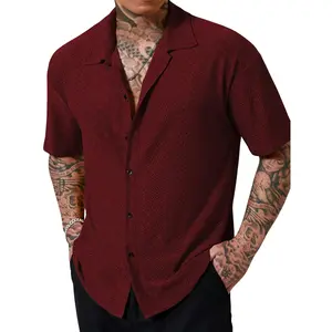 Men’s Hollow Out Jacquard Cuban Collar Shirt - Casual Button-Up Short Sleeve for Beach Vacation