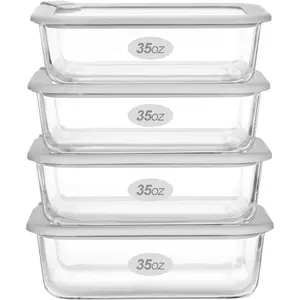 Glass  Containers with Glass Lid, Microwave Safe  Storage Container Set, 4 Pack of 35oz, Large Size Airtight Storage Set with Leak Proof Lids, Meal Prep Containers