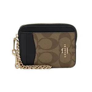 Coach Logo-Print Canvas and Leather Card Case Wallet for Women in Khaki Black