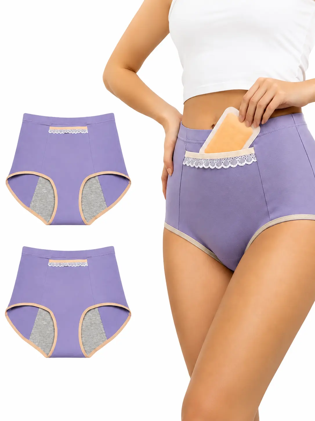 Women’s Basic Plain Underwear Briefs - Leakproof High-Waisted Panties with Soft Stretch, Full Coverage, Heating Pad Pocket, Side Protection, Lace Trim (Cold Wash Safe)