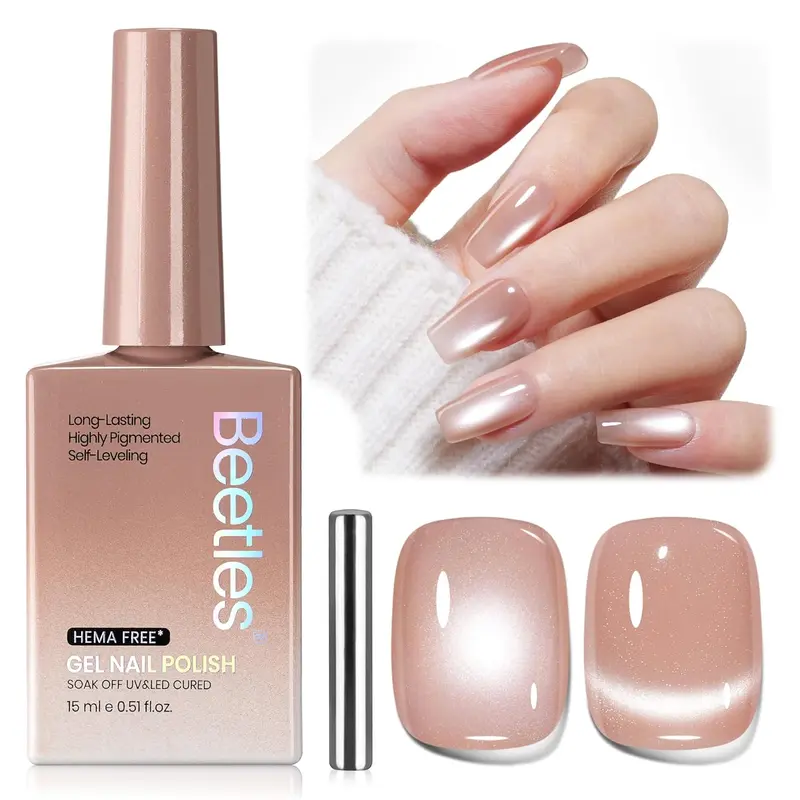 Beetles HEMA-Free Cat Eye Aesthetic Gel Nail Polish - 15ml Magnetic Silk Serum Nude Pigment Bottle, Glossy, Elegant, Flawless, Luminous, Smooth Blend, Long-Lasting Soak-Off UV Cure Manicure, Natural Glow for Nails, Selfcare Birthday Gift