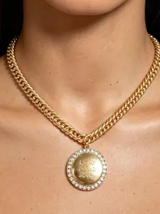 Cuban Chain Gold Coin Pendant Necklace, Rhinestone Circle Engraved Collarbone Chain, 18k Gold Plated Vintage Necklace, Anti-Tarnish Luxury Jewelry