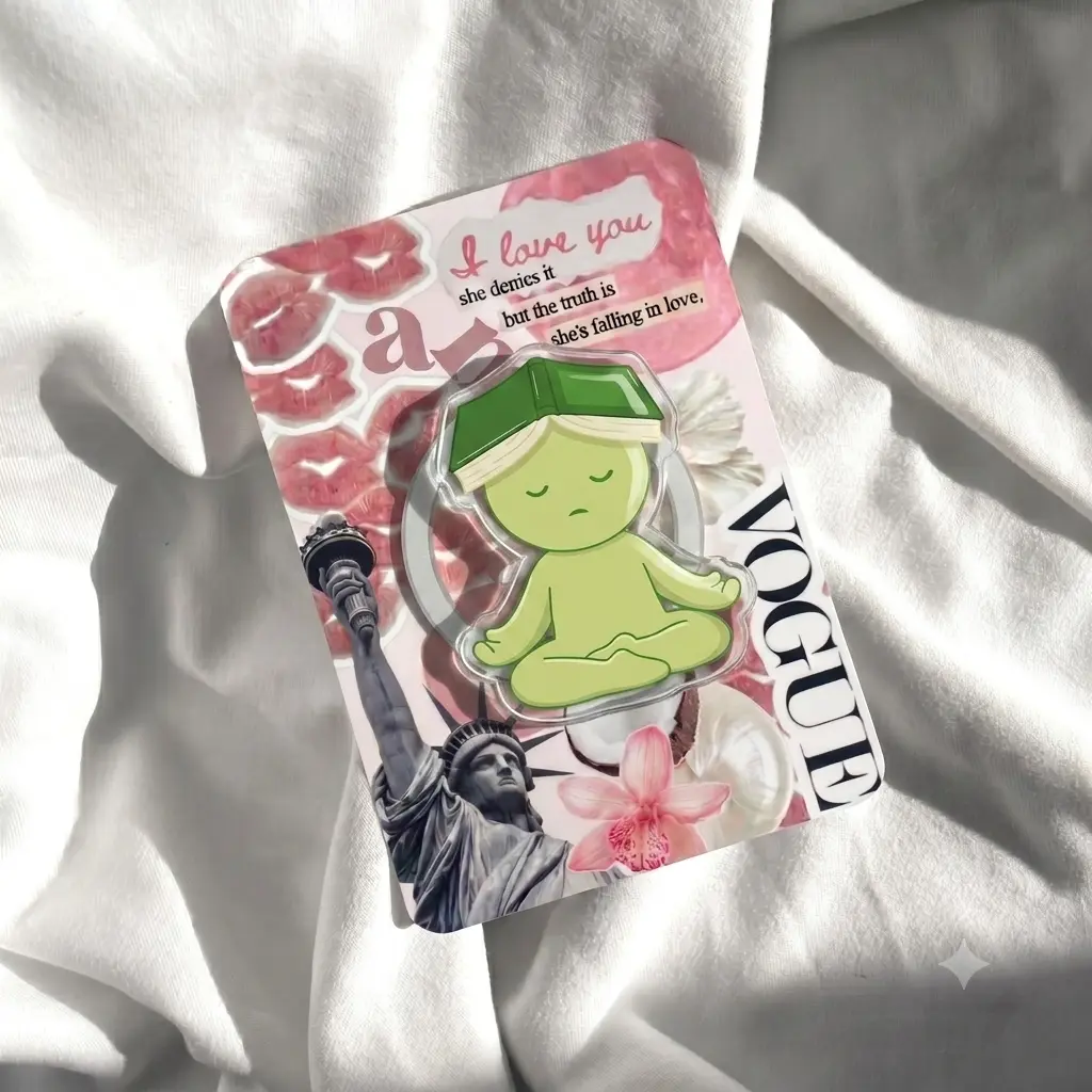 Meditating Bookworm Phone Grip Cute Green Character Phone Stand Funny Reader Gift for Her Acrylic Phone Holder Coquette Pink Collage Aesthetic Book Club Accessory Gift