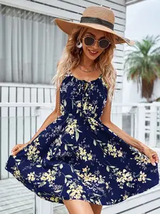 A women's elegant fashion printed sleeveless pullover dress with elastic waist and spaghetti straps, suitable for summer, vacation, daily street wear, and home use.
