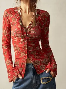 American Vintage Floral Bell Sleeve Blouse Top, Sheer Ruched Waist V-Neck Cardigan, Sexy Vacation Style, Women's Fashion