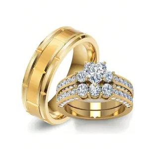 Romantic and luxurious 14k gold plated couple rings for women Simple heart-shaped Zirconia ring set for men, wedding/engagement couple jewelry and gift