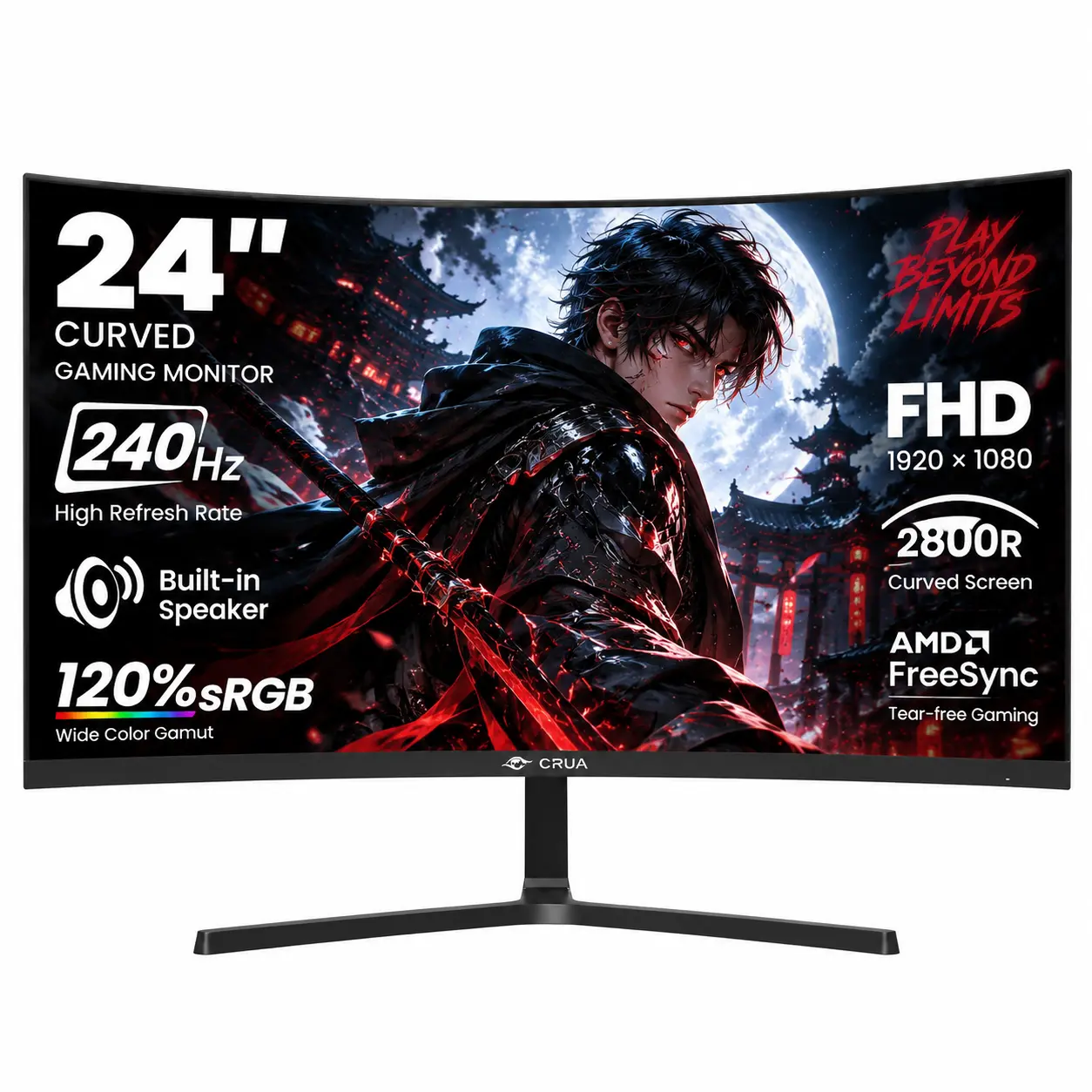CRUA 24" FHD 240Hz Curved Gaming Monitor - 2800R Curvature, FreeSync Support, Built-In Speakers, Black (for Desktop & Laptop Use)