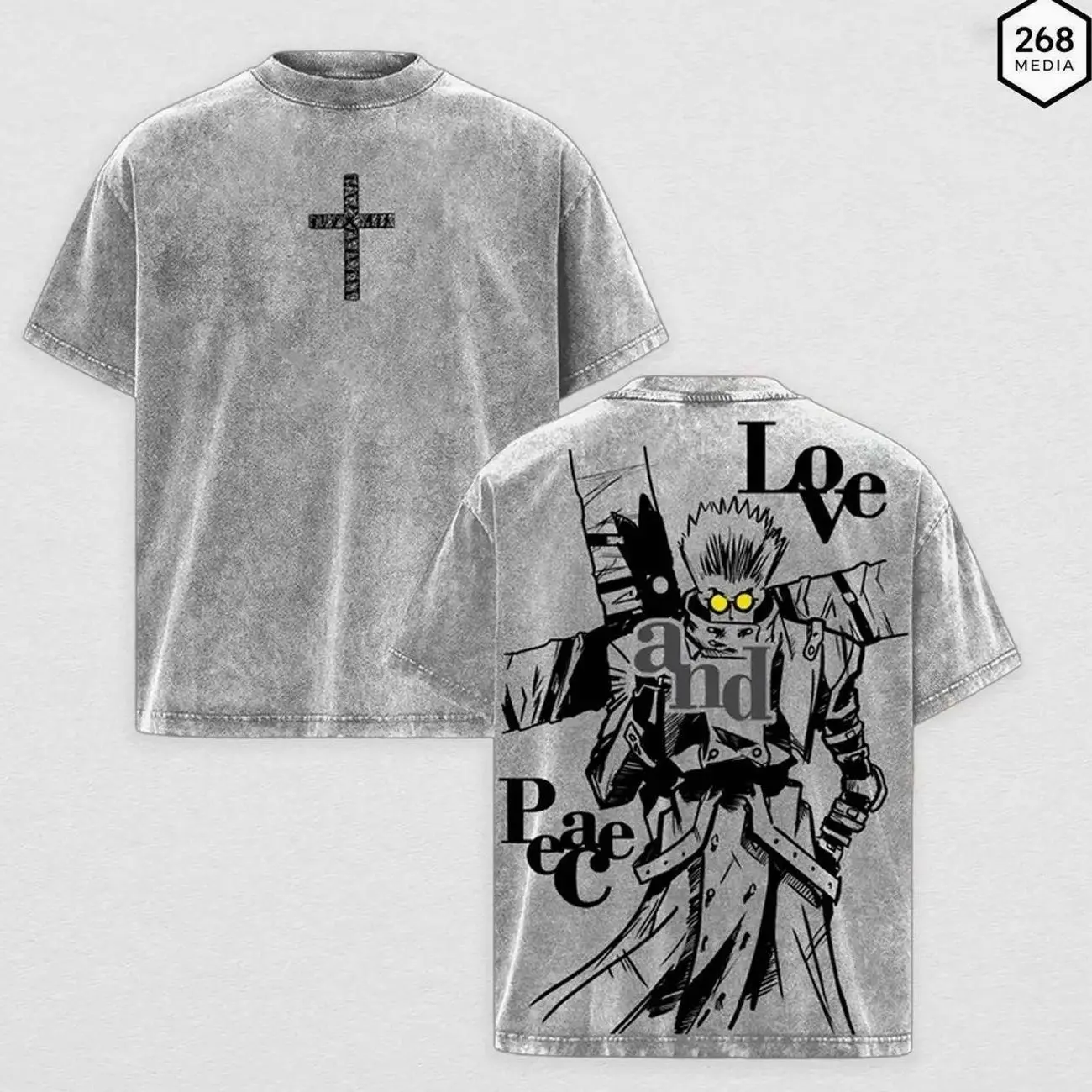 Trigun - Vash the Stampede Love and Peace ''Cross'' Design Vintage Washed Oversized T-Shirt, Heavy Cotton Anime Streetwear Sigma Male Unisex Tee, Retro Graphic Top Gift for Anime Fan GA4 07V