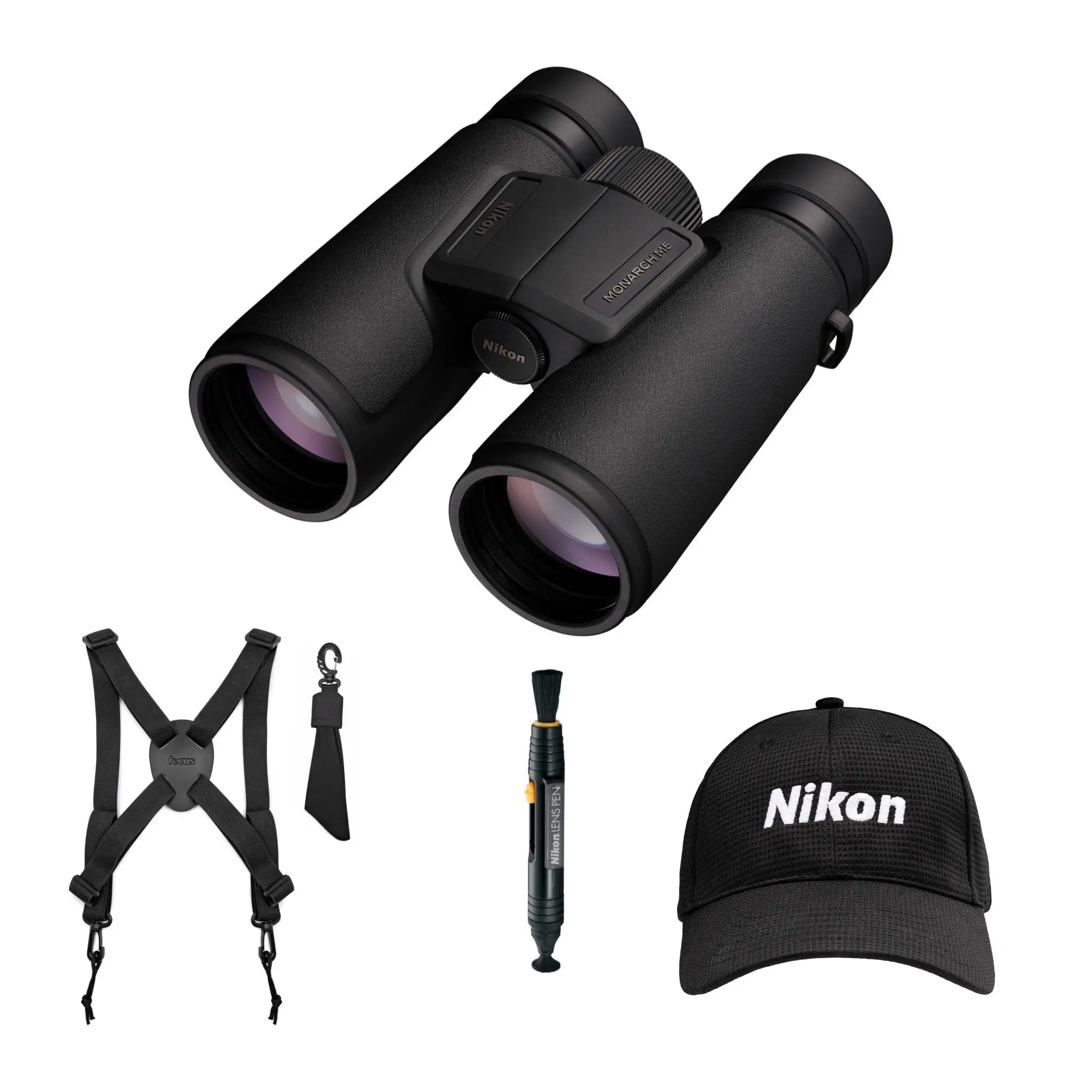 Nikon Monarch M5 8x42 Binoculars, Rubber-Armored ED Glass for Wildlife Hunting, Adventure Kit with Harness, Lenspen & 100% Polyester Hat, Retractable Brush, Fog-Proof Seal, 22 Ounces, High-Eye-Point