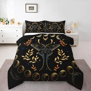 Gothic Moth Comforter Set Queen Size,Bohemian Stars Moon Galaxy Bedding Set for Adult,Leaves Botanical Luxury Bed Duvet Insert, 2 Pillowcases