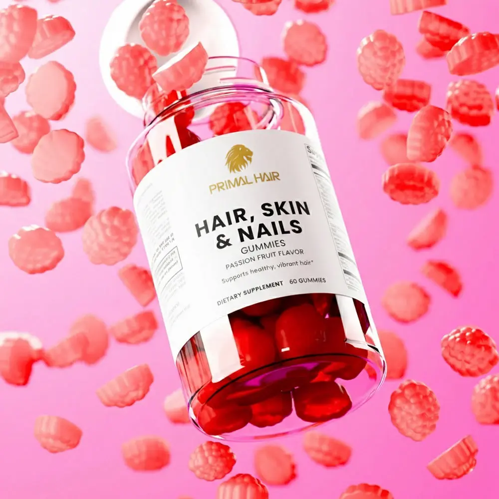 Hair, Skin and Nails Gummies with Biotin & Collagen - Vitamins A, C, D, E & Zinc - Passion Fruit Flavor - Supports Natural Glow & Healthy Growth - 60ct