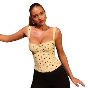 Women's 2026 Summer New Polka Dot Corset Crop Top Features Structured Bustier Cups Wide Shoulder Straps Vertical Seam Details Elegant Retro Inspired Style Short Tops