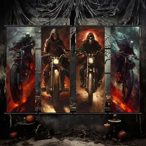 Halloween Themed Hanging Banner, 4 Counts/set Skeleton Man on A Motorcycle Pattern Wall Art, Wall Decor for Home Living Room Bedroom