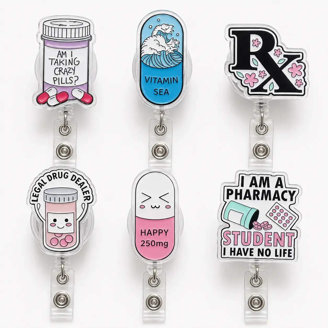 Funny Pharmacy Acrylic Badge Reel, Retractable Pill ID Card Holder Clip For Pharmacist Nurse, Doctor Gift, Nursing Gift