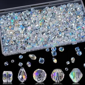 600 Pcs Crystal Glass Beads for Jewelry Making, Crystal Beads with Box, Assorted Bicone, Rondelle, Cube, Teardrop & Spacer Beads for DIY Crafts Bracelets, Necklaces, Earrings, 4/6/8mm, AB Color