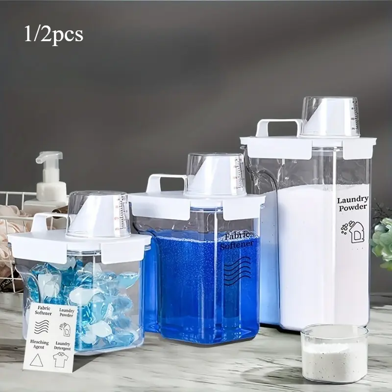 1/2pcs sealed washing powder storage box with lid 1500ml large capacity, plus 1 drip-proof collapsible cup holder, handheld washing powder storage box - convenient washing liquid washing powder dispenser dispenser bottle bathroom