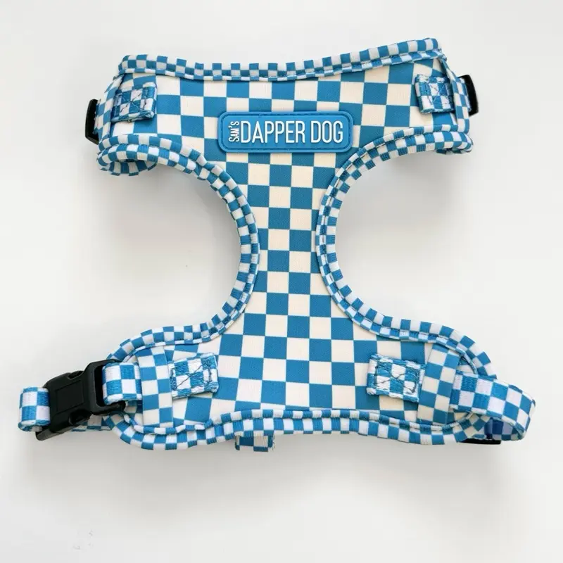 Sam’s Dapper Dog Blue Checkered Adjustable Dog Harness & Poop Bag Holder Set
