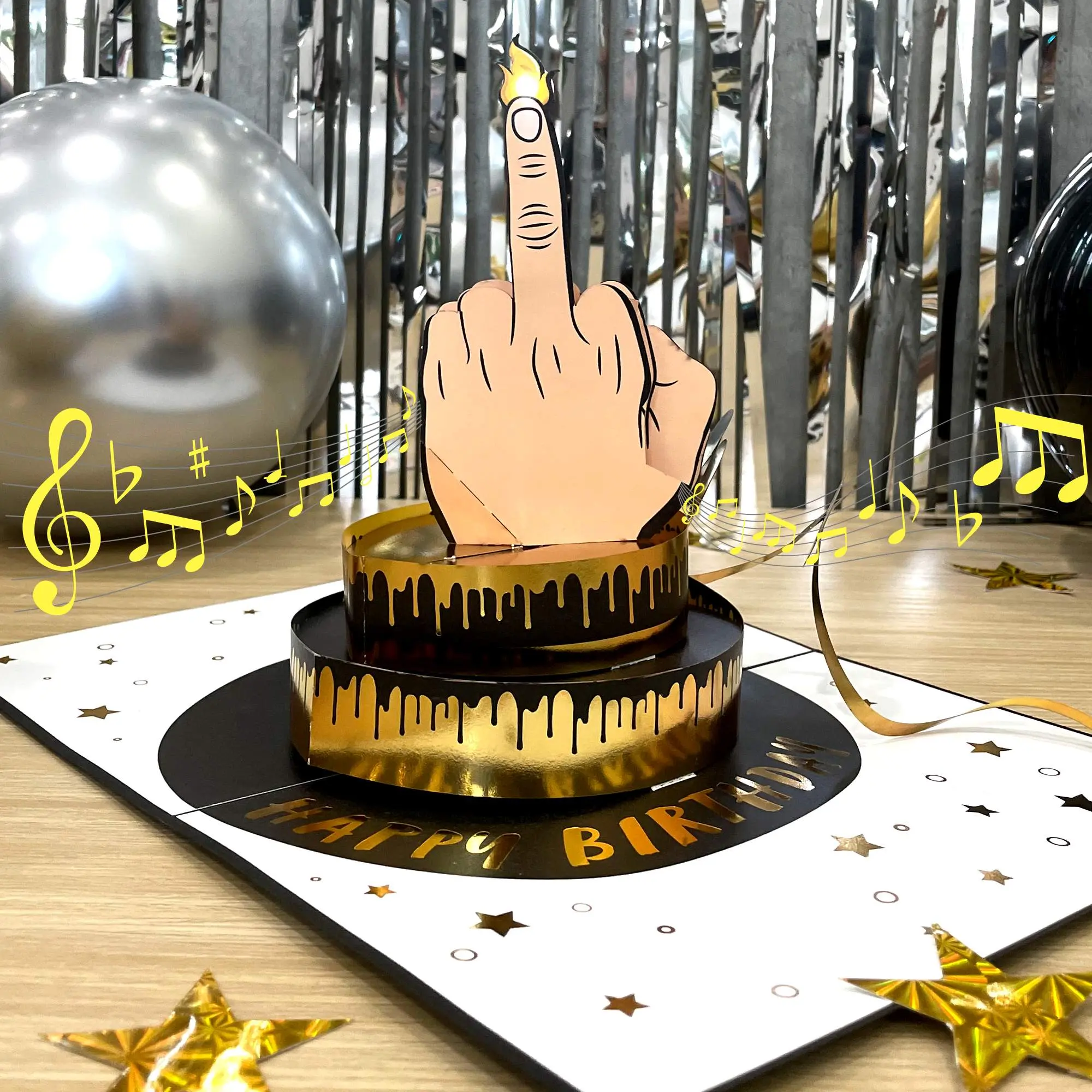 Middle Finger Birthday Card with Music & Lights – Classy Pop Up 3D Cake & Hand with a Light Up Candle - Funny Birthday Cards for Friends, Men, Women, Coworkers - Musical Prank Gag Gift Plays F-U Song