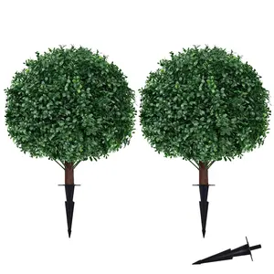 Artificial Yew Ball Shaped Tree Set (2 Plants), UV Resistant Fake Evergreen Yew, Outdoor Garden Decor, Front Door Pot Plant