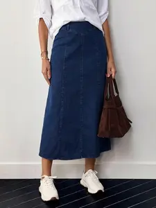 Elastic Washed Casual Denim Wide Leg Skirt, Women's Midi Skirt for All Seasons, Loose-Fitting Plain Design, Perfect for Daily Wear and Dates