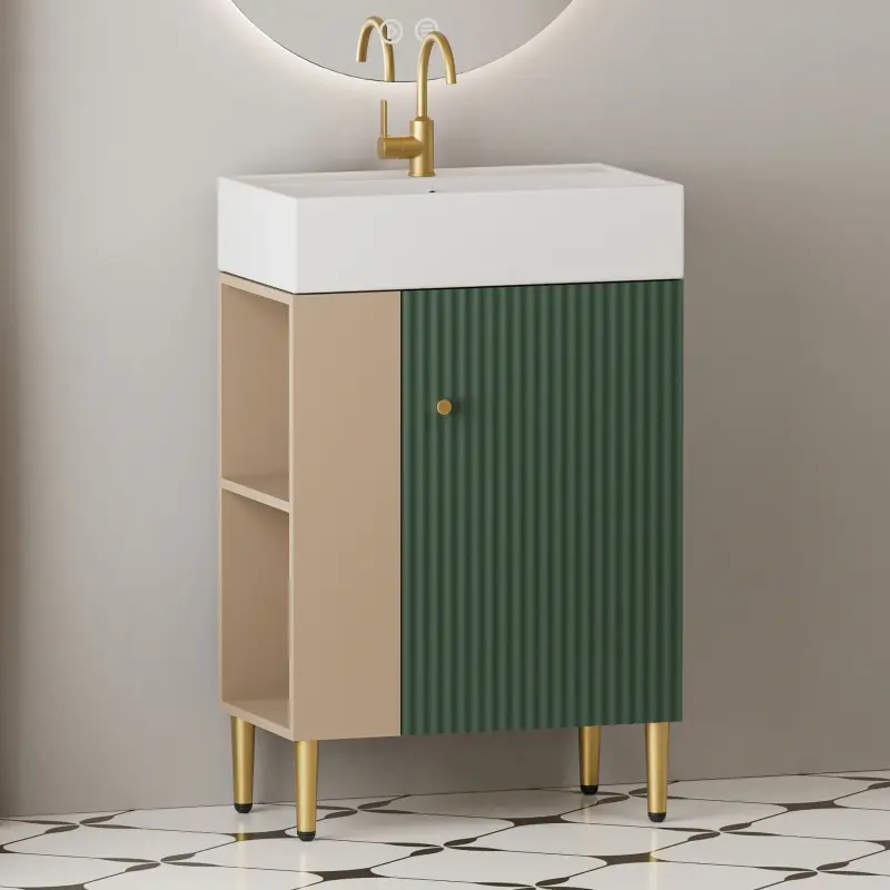 21.6" Open-shelving Bathroom Vanity with Ceramic Sink and Soft-Closing Door, Cloakroom Open Shelf Storage Cabinet on the Left Side, Assembly Required, Green 24VB06-21LVL***CONTACT SELLER FOR STOCK***