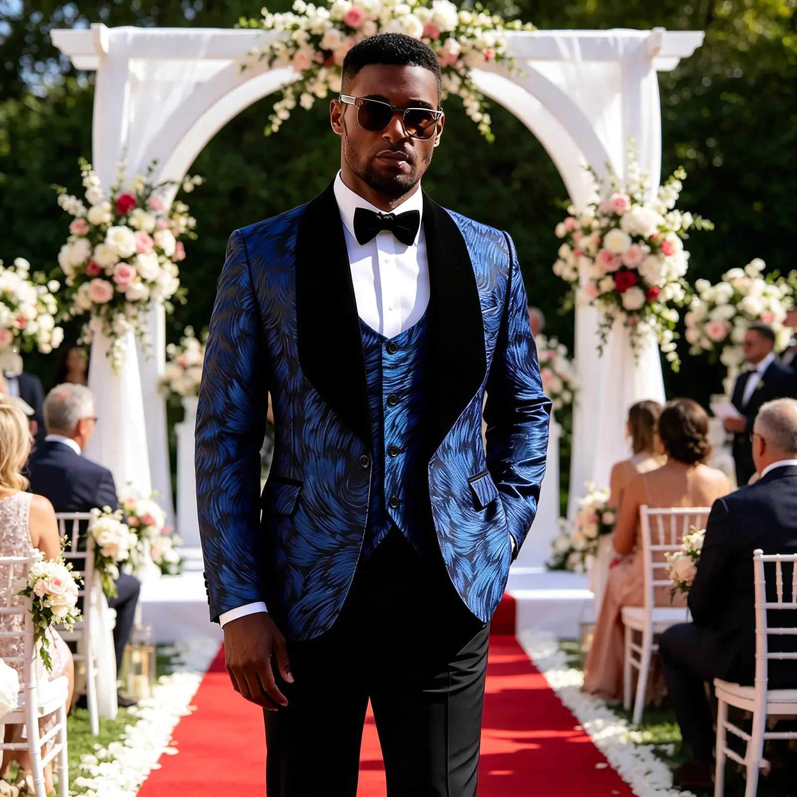 Men's Blue Jacquard Tuxedo Suit - 3-Piece Slim Fit Set with Velvet Lapel Blazer, Vest, and Pants for Wedding & Prom Formal Wear, Long Sleeve, Turtleneck