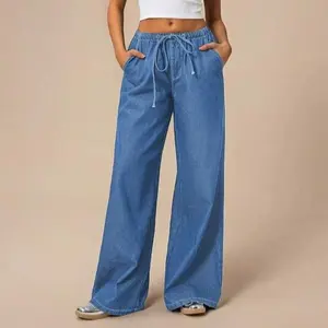 2026 New Women's Drawstring Jeans, Washed Stretch Jeans, Casual Loose Wide-Leg Jeans