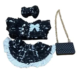 4 sets of light luxury tweed doll clothing sets, including tops, skirts, bowties and chain bag accessories, suitable for 10 to 20 cm plush dolls.