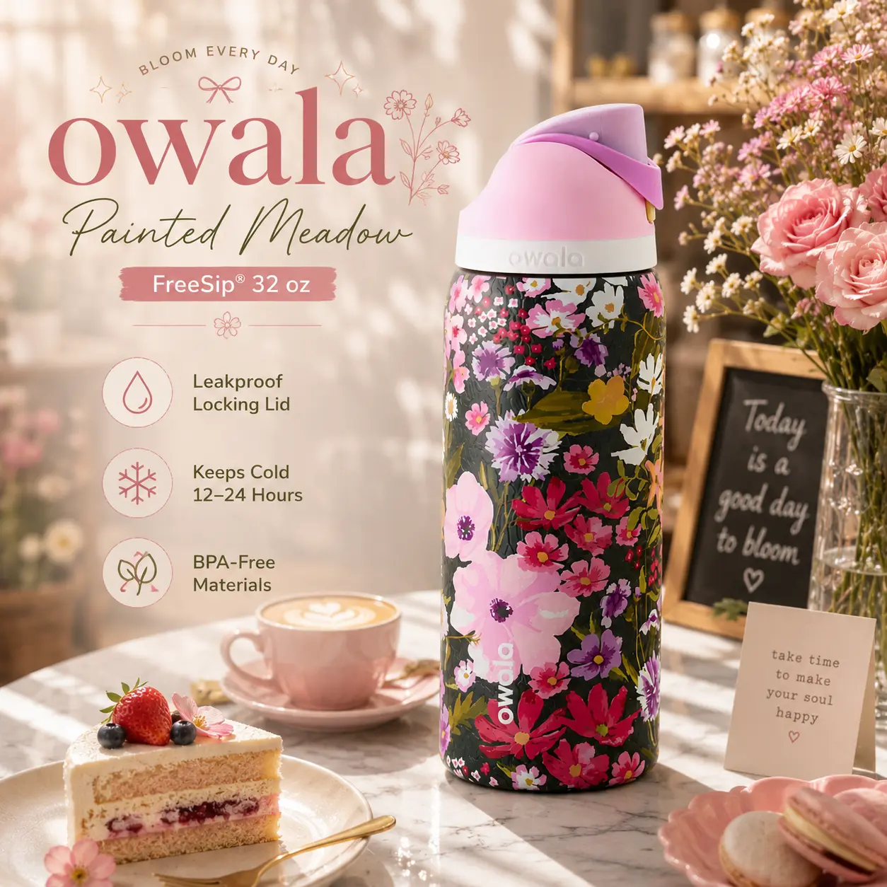 Owala Painted Meadow Floral Water Bottle 32 oz | FreeSip Leakproof Insulated Stainless Steel Bottle