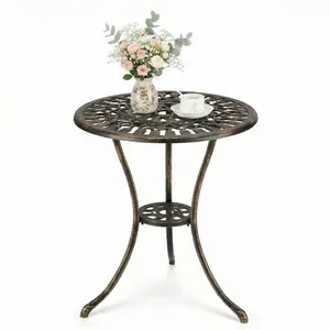 23" Round Cast Aluminum Patio Bistro Table, Outdoor Coffee Bistro Side Table with Umbrella Hole, Antique Design Dining Desk for Backyard, Garden, Porch, Pool, Balcony, Bronze