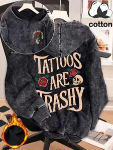 Cotton clothing, Halloween theme rose and skull pattern letter print, a plush Fitted casual sports Graphic Hoodie, retro style washed cotton long-sleeved hooded sweatshirt, autumn and winter women's clothing