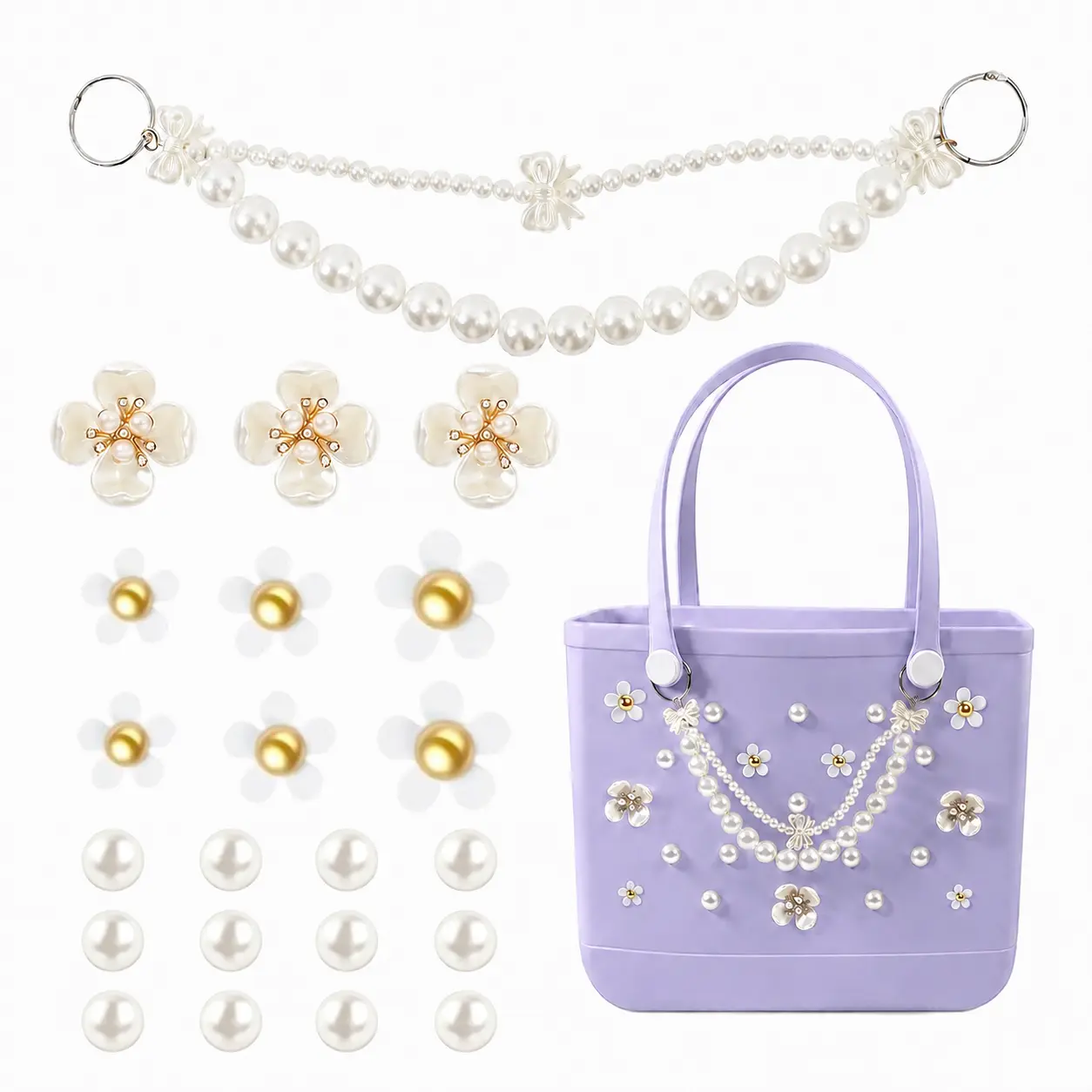 22 Pcs Flower Pearl Chain Charms for Bogg Bag, Decorative Beach Bag Accessories Inserts Compatible with Bogg Bag and Simply Modern Rubber Tote