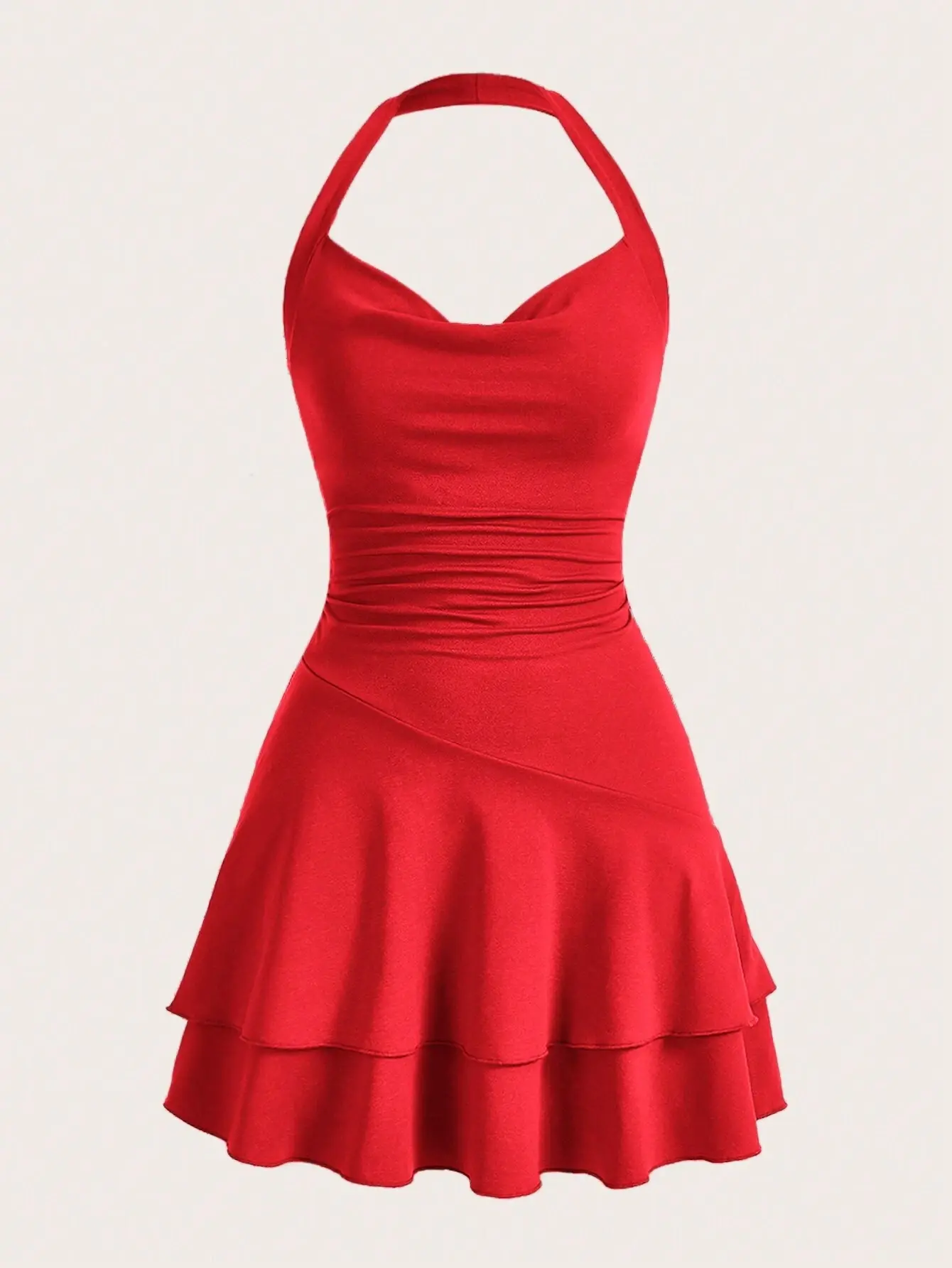 PMA Halter Neck Red Bodycon Mini Dress Knitted Sleeveless Slim Fit Double Layer Swing For Women