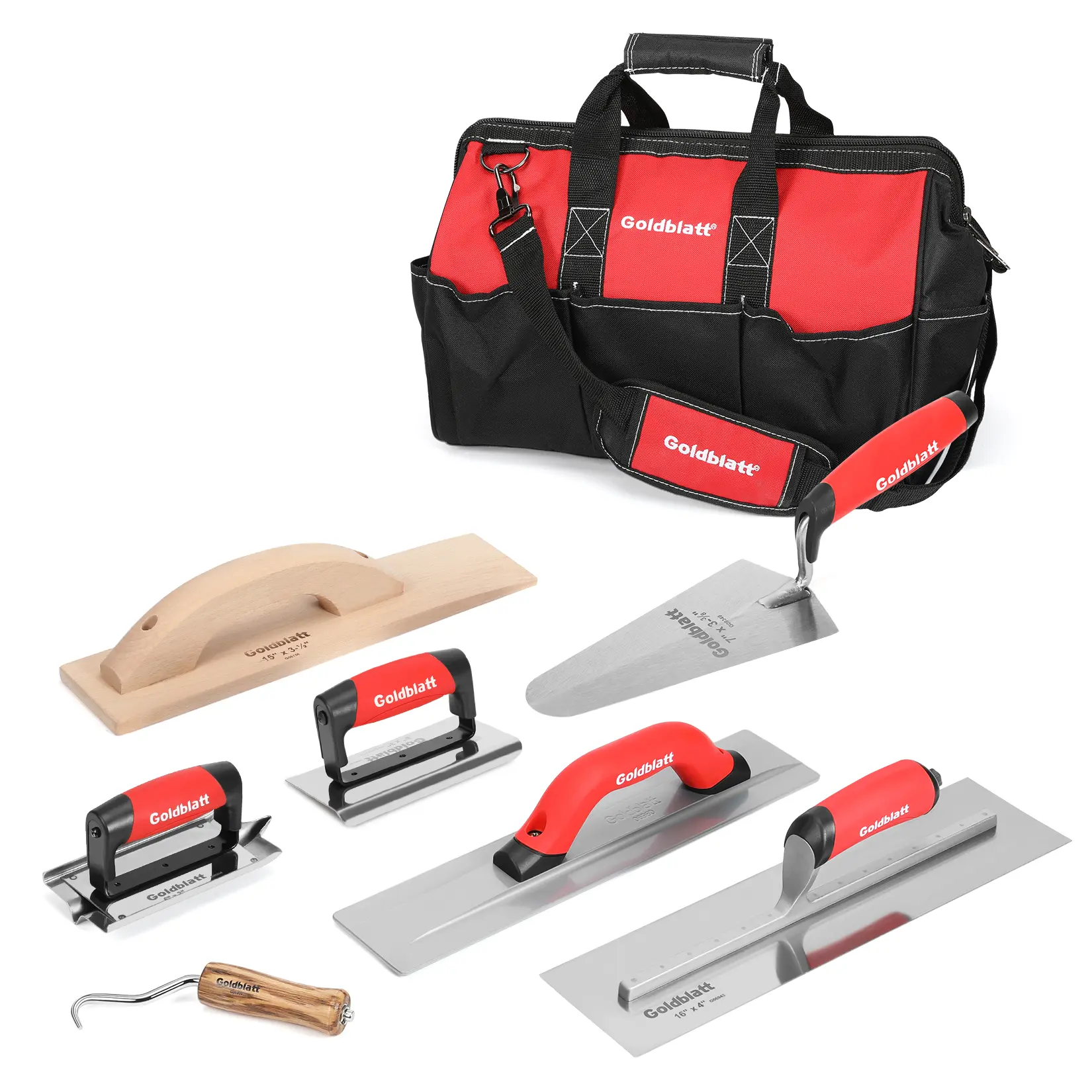 #fathersdaygift Goldblatt 8 Packs Masonry Hand Tool Set Includes Finishing Trowel, Gauging Trowel, Groover, Edger, Extruded Alloy Float, Wood Float and Wire Twister, Organized in Tool Bag