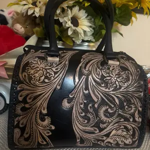 Midnight Carve Speedy Bag – Black Tooled Leather Genuine Leather Floral Carved Structured Barrel Shape Durable Handles (Charms sold separately)