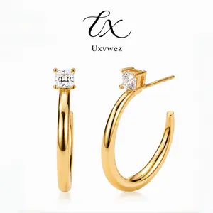 Uxvwez Chunky Hoop Earrings for Women Gold Silver Tone Diamond Stud Hoops Lightweight Statement Earrings Daily Jewelry Gift