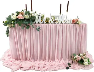 Pooling and Floating Chiffon Table Skirt with extra length, 6FT 9FT 14FT Sheer Tablecloth, Baby Shower, Birthdays Party, Main Cake Table Decoration, Wedding Table Skirt fabric  for  event Ornaments Halloween table cover Christmas decorations