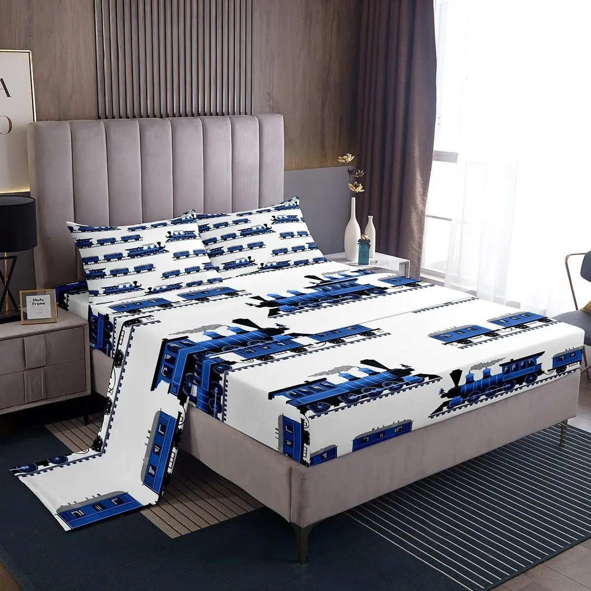 Vintage Train Bed Sheet,Blue Steam Engine Train Bedding Sets Room Decor,Cartoon Choo-Choo Fitted Sheets Modern Car Top Flat Sheet