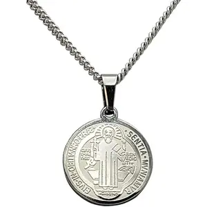 Stainless Steel Saint Benedict Double Sided Medallion Pendant On Sterling Silver Made In Italy Chain Necklace (Cable Chain, 18")