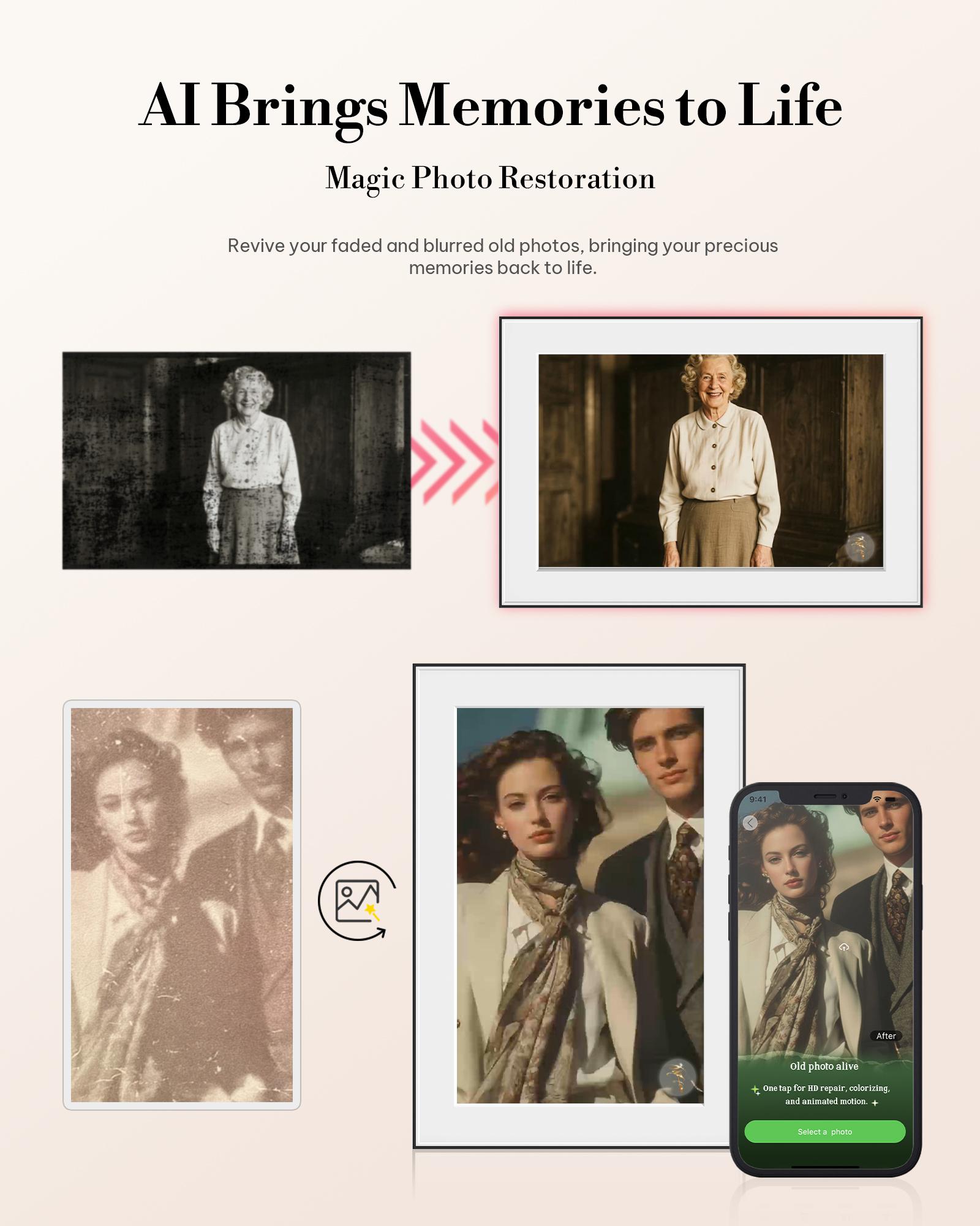 Homture Magic Frame - 10.1″ 1080P World's First AI Magic Digital Frame for Old Photo Restoration Unlimited Storage Instant Sharing Decor Full HD 1080P