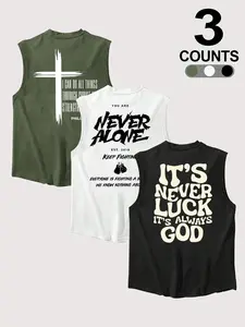 3-Pack Christian Faith Slogan Graphic Muscle Tanks | Religious Streetwear Sleeveless Tops Set