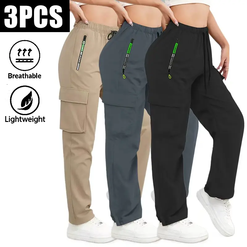 “Life Keeps Moving” 3-pack women’s lightweight, breathable cargo pants with elastic waistband, drawstring, zippered pockets, and multi-pocket design—spring/summer style suitable for outdoor workouts, hiking, and everyday casual wear.