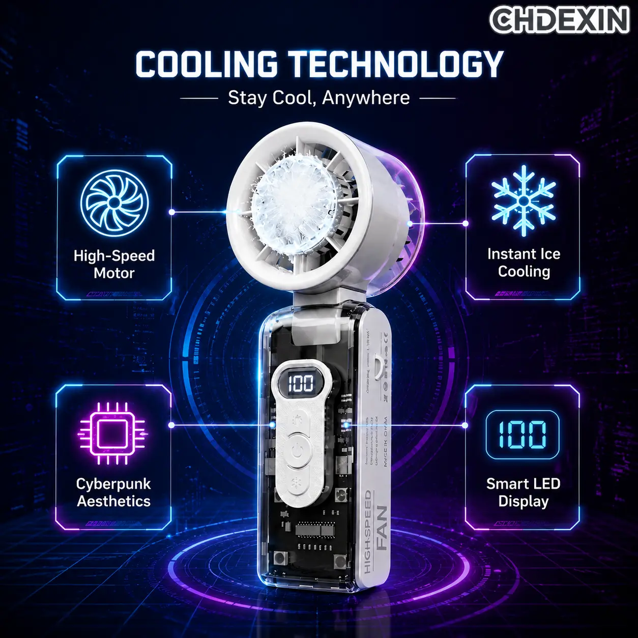 CHDEXIN 100-Speed Turbo Cooling Handheld Fan (Transparent Mecha Style) - Foldable Design with LED Display for Hands-Free Travel