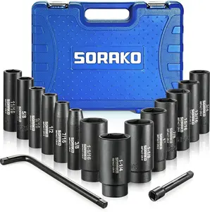 Impact Socket Set 1/2” Drive, SORAKO16 PCS SAE Deep Socket Set (3/8-Inch to 1-1/14") Include 5” Extension Bar & 10” L Handle, Cr-V Steel 6 Point Standard Impact Socket with Portable Case(SAE) Metric Socket Wrench Heavy Duty Hardware