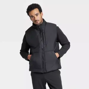 Men's Puffer Vest - All In Motion Black M: Lightweight Recycled Polyester, Front Pocket