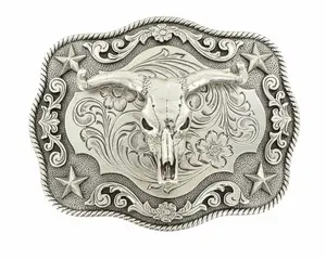 Steer Skull Western Buckle with Scrolling Pattern & Rope Edge