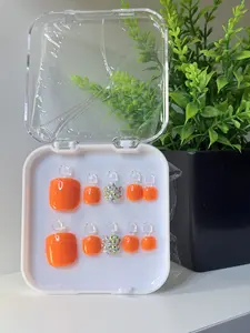Neon Orange rhinestone set of press on toenails