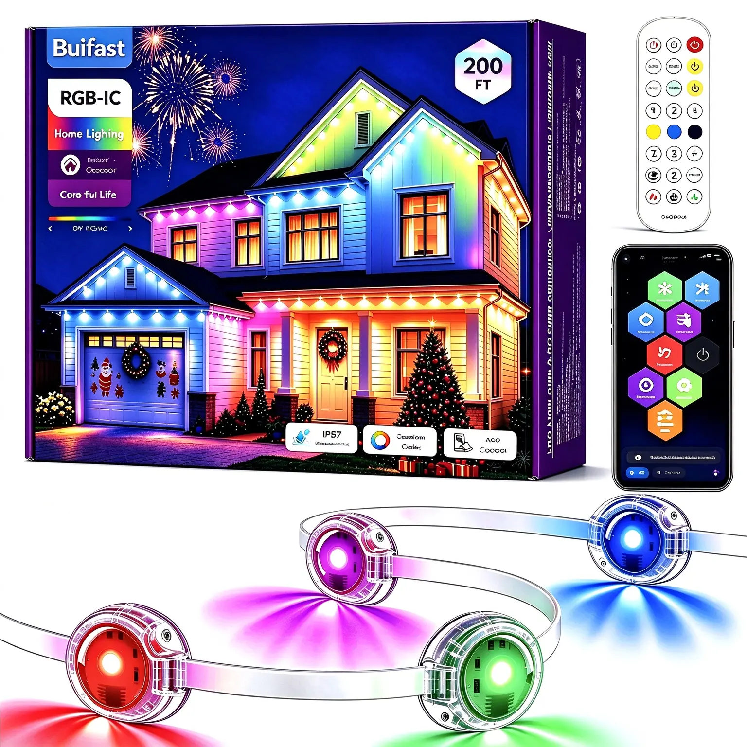 Buifast RGB-IC Smart Permanent Outdoor Eaves Lights, IP67 Waterproof Multicolor Colorful Strips with RGB LED Effects, 48 Scene Modes, App/Remote Control, Multi-Holiday & Daily Party Decor (Home Supplies)